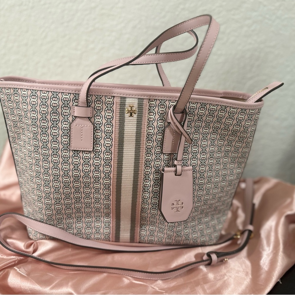 Tory Burch Pink Patterned Tote Handbag with Stripe Accent and cross body strap - Picture 10 of 13